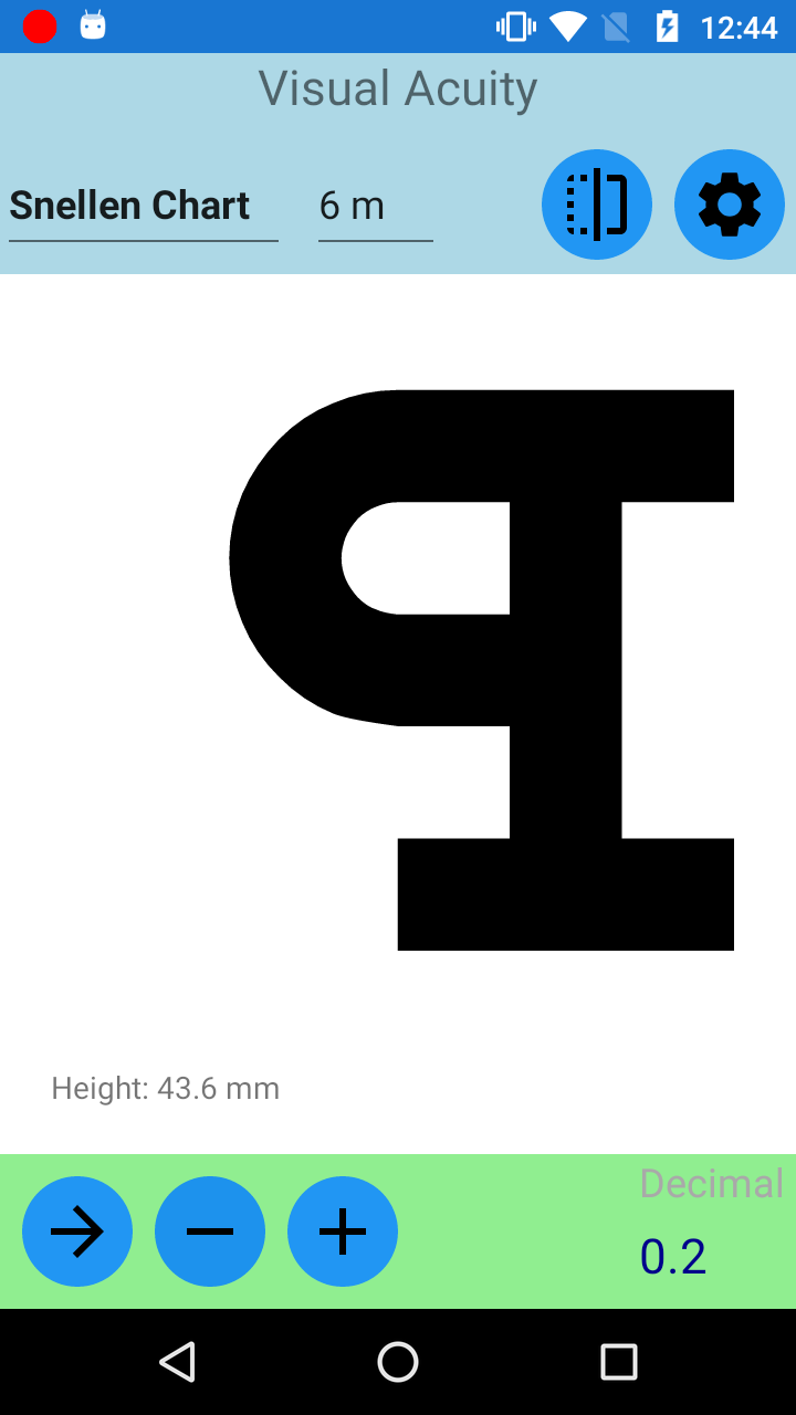 Snellen chart on Motorola MotoG 4Play with Mirror mode